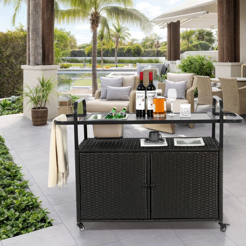 Outdoor Bar Table, Wicker Bar Cart With Cabinet, Patio Serving Cart With Steel Top, With One Ice Bucket,Lockable Wheels, Side Basket For Garden, Poolside & Backyard, Black_voghion.com