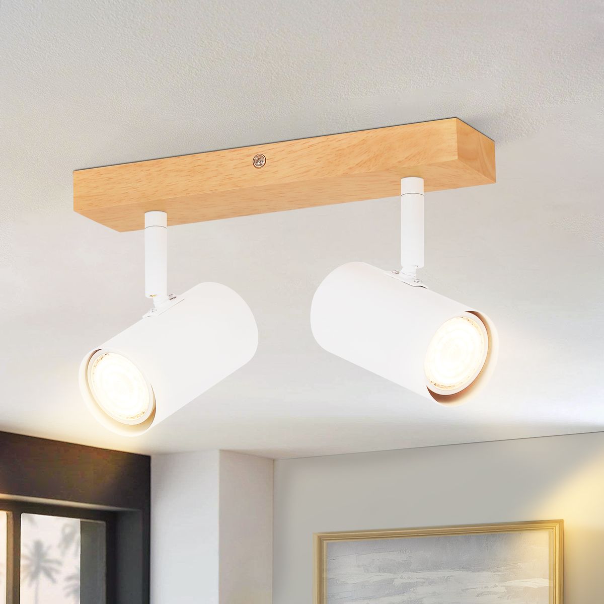 Glitzerlife Deckenstrahler Weiß Holz Deckenleuchte - Deckenlampe GU10 2 Flammig Flurlampe Modern Indoor Deckenspots Schwenkbar 350° Spotslight Für Küchen Korridor_voghion.com