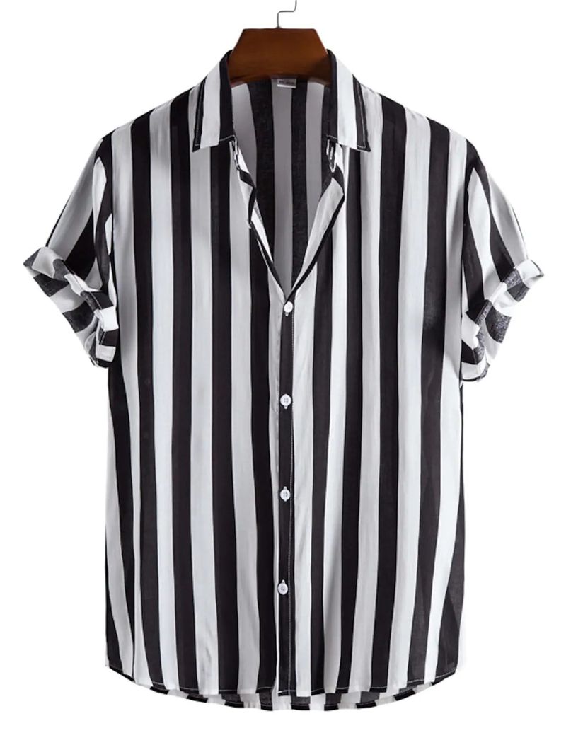 Men's Clothing thin striped lapel youth casual four-way elastic short-sleeved printed shirt_voghion.com