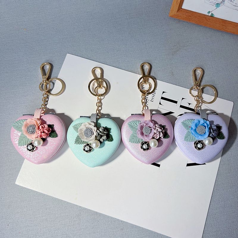 Creative Heart-Shaped Makeup Keychain Cute Small Flower Folding Mirror Fresh Bag Pendant Gift_voghion.com