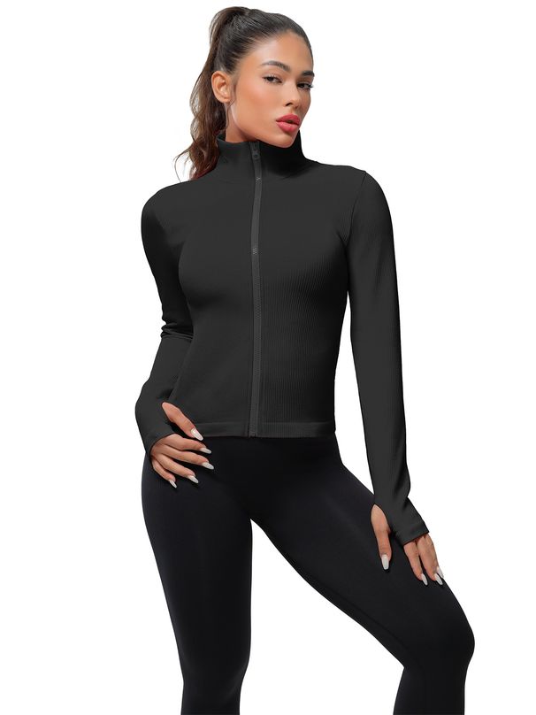 001 Cross-Border European And American Style Ribbed Long Sleeve Stand Collar With Front Zipper, Finger Sleeve, Slim Fit,_voghion.com