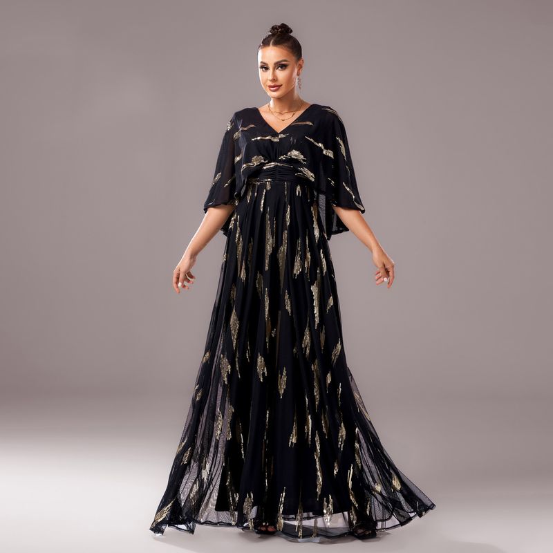 Neues elegantes V-Ausschnitt-Kleid mit mittellangen Ärmeln und langen Pailletten, figurbetontes Abendkleid für Brautjungfern für Damen_voghion.com
