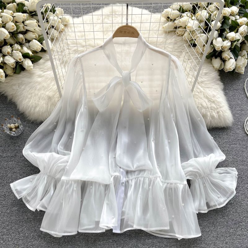 Women's high-end niche design beaded bow bell sleeve shirt autumn women's ladylike shirt_voghion.com