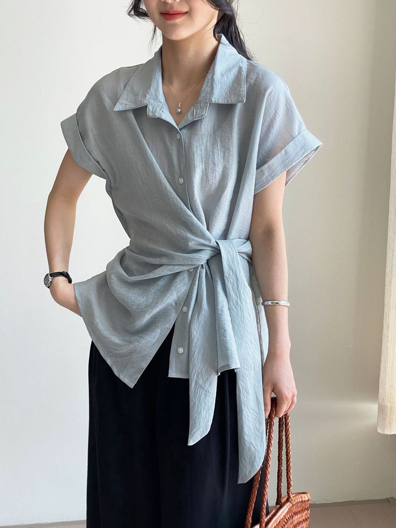 Camicia elegante in lino Tencel coreano stile pendolarismo Namo per donna, sottile e snellente, 6082_voghion.com