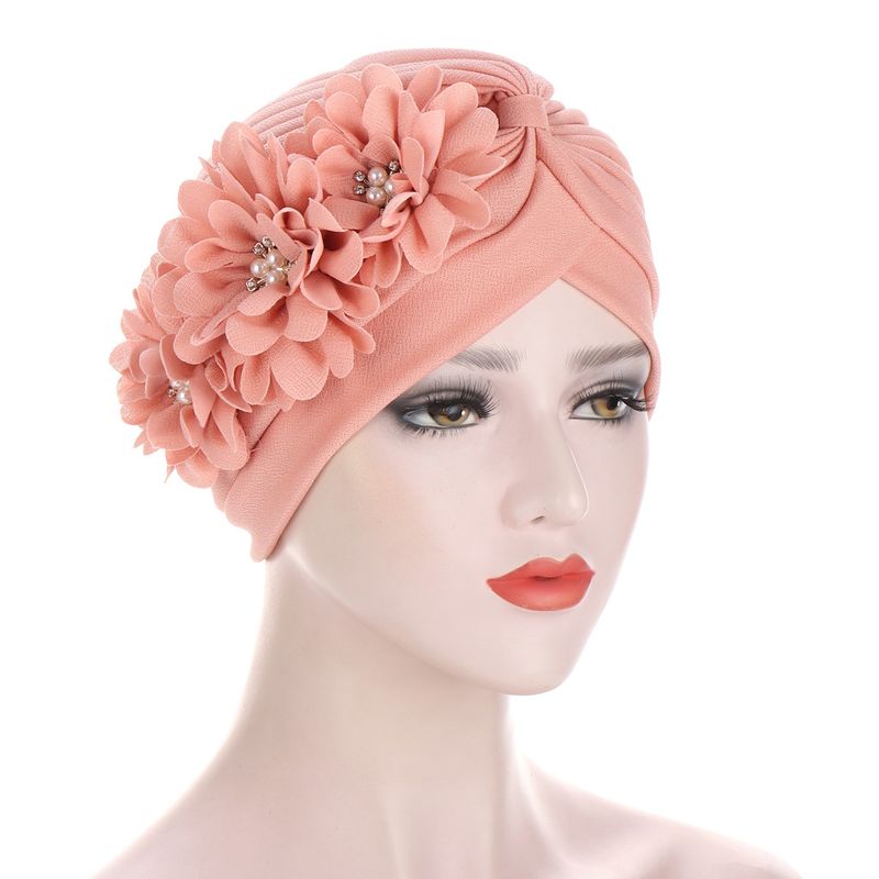 Pleated Watermelon Hat Applique Three Flowers Turban Hat Fashion Baotou Hat_voghion.com