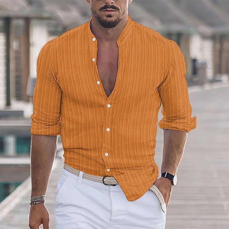 Camicia casual a maniche lunghe in cotone e lino a righe jacquard da uomo_voghion.com