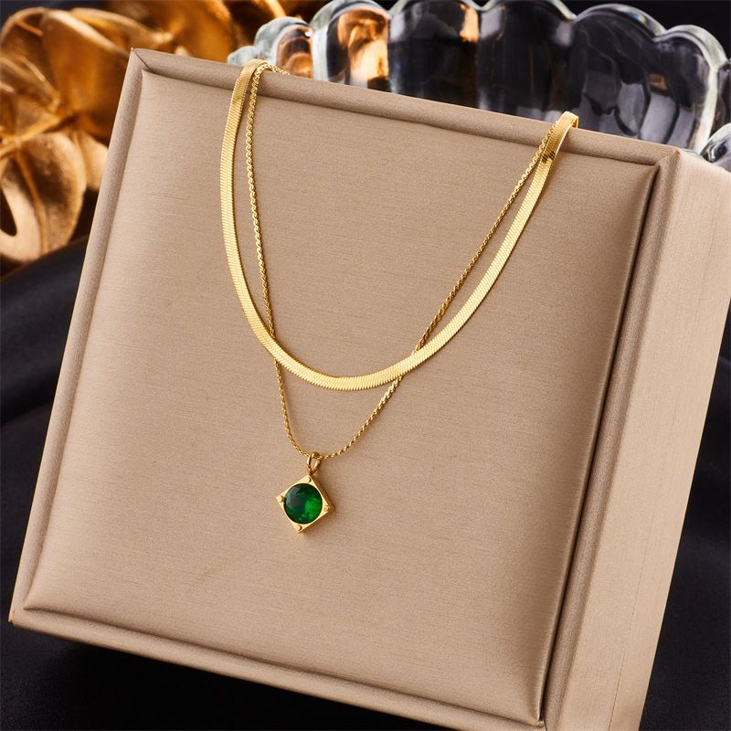 European and American cross-border niche personality simple high-end green square diamond pendant titanium steel double chain necklace_voghion.com