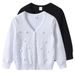 "Soft V-Neck Knit Cardigan For Girls - Breathable Long Sleeve Open Front Sweater With Balloon Details, Perfect For Spring & Summer"_voghion.com