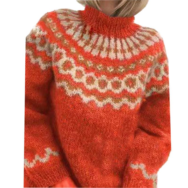 Pull à col montant et imprimé floral pour femme, en tricot doux, coupe ample, manches longues, élégant, brodé, respirant, polyester et coton_voghion.com