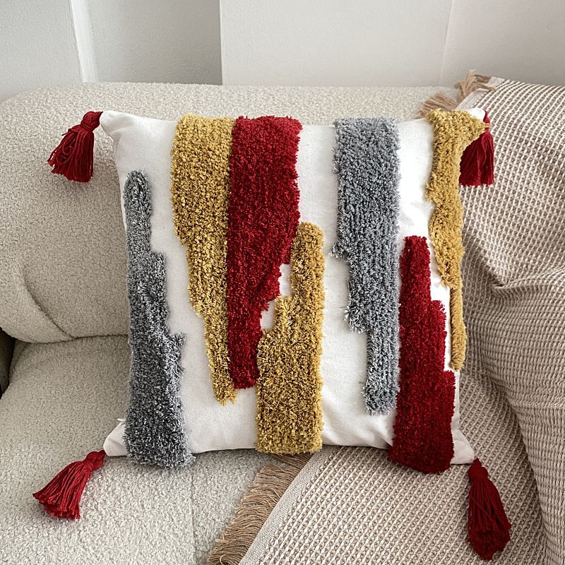 Bohemian Tufted Cotton Pillow Cover - Geometric Design Throw Pillow Case For Sofa/Bed/Window Seat (18x18 Inches Handmade Fringe Detail Beige/Brown)​_voghion.com