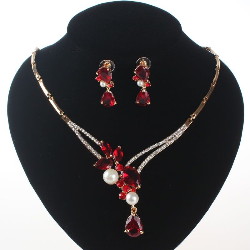 Pendientes de perlas de imitación para mujer, aretes de Color dorado con circonita roja y cristal nupcial, collares llamativos, conjuntos de joyería_voghion.com