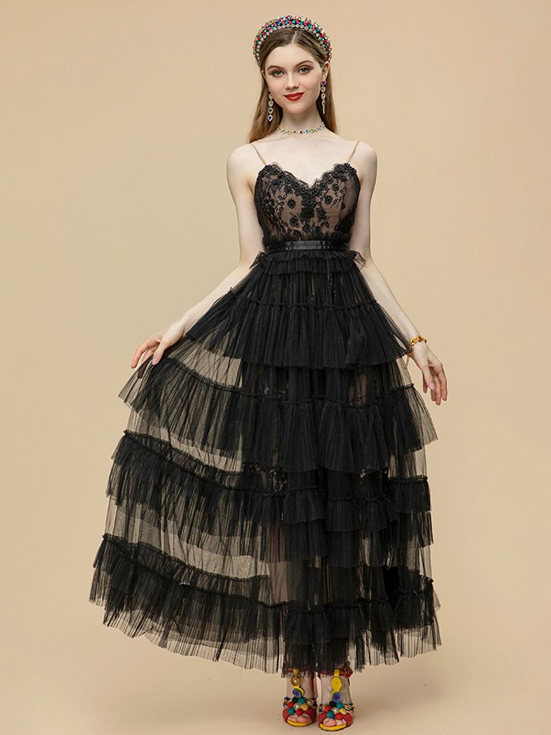 Robe noire d'été 2023 pour femme, luxueuse, brodée de diamants, en maille, bretelles spaghetti, robe de soirée sexy_voghion.com