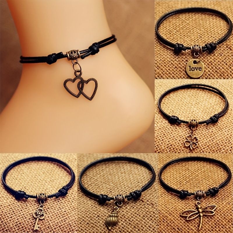 Strand-Stil Lederband Libelle Schmetterling 12 Konstellationen Anhänger einfache Persönlichkeit Zugseil Fußkettchen_voghion.com