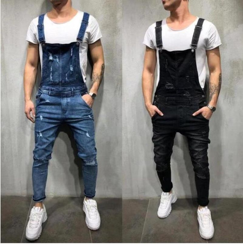 Fashionable men's suspenders Denim jumpers tear the jeans pants_voghion.com