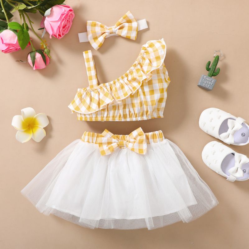 Roupas de bebê verão menina terno saia ombros bebê xadrez top curto bowknot malha saia ombros oblíquos_voghion.com