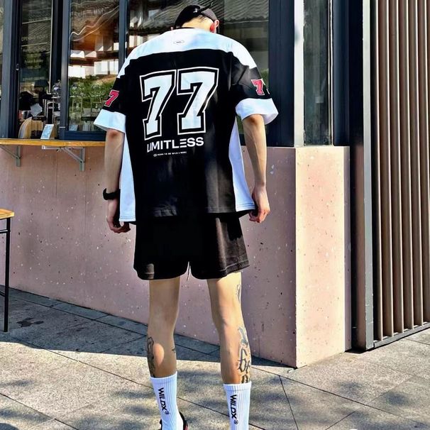 Νέα καλοκαιρινή μπλούζα χόκεϊ επί πάγου με κοντό μανίκι, αμερικανικό μπάσκετ, χιπ χοπ, ρετρό αθλητική φανέλα ράγκμπι_voghion.com