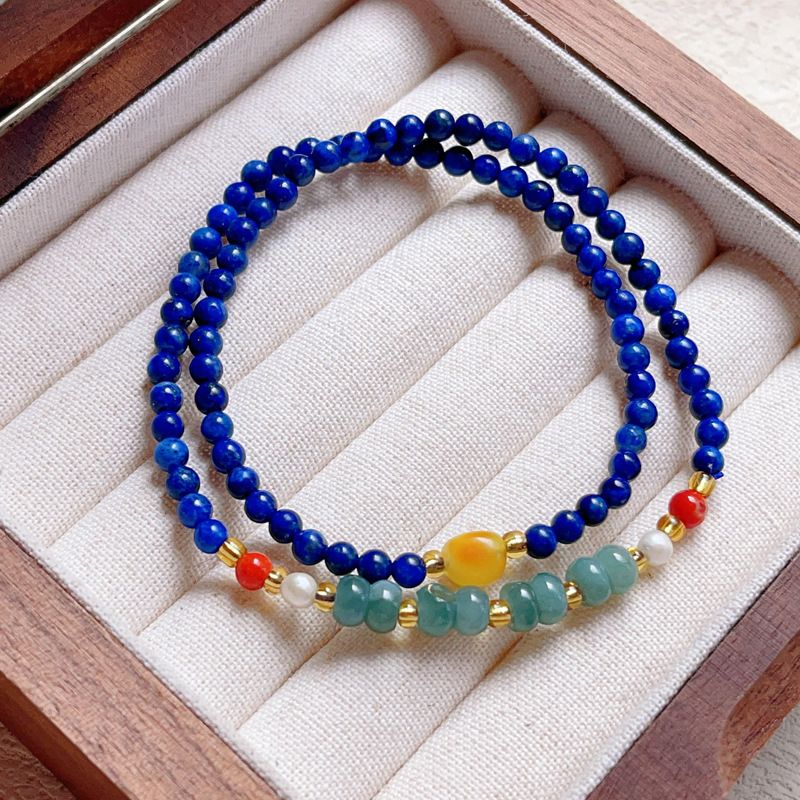 Original Design Bracelet Temperament Elegant Lapis Lazuli Small Beads Thin Stacked Double Circle Women's Wrist Wearing Exquisite Simple Bracelet_voghion.com
