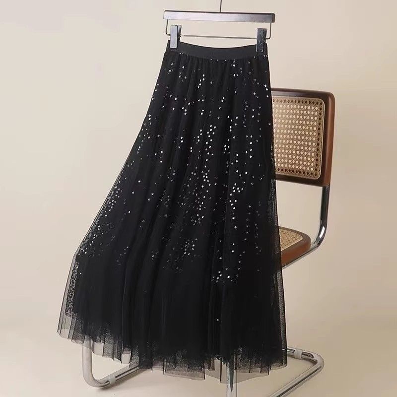 Damenbekleidung Mesh Paillettenrock Drapieren Hohe Taille Schlank A-Linie Big Swing Regenschirmrock_voghion.com