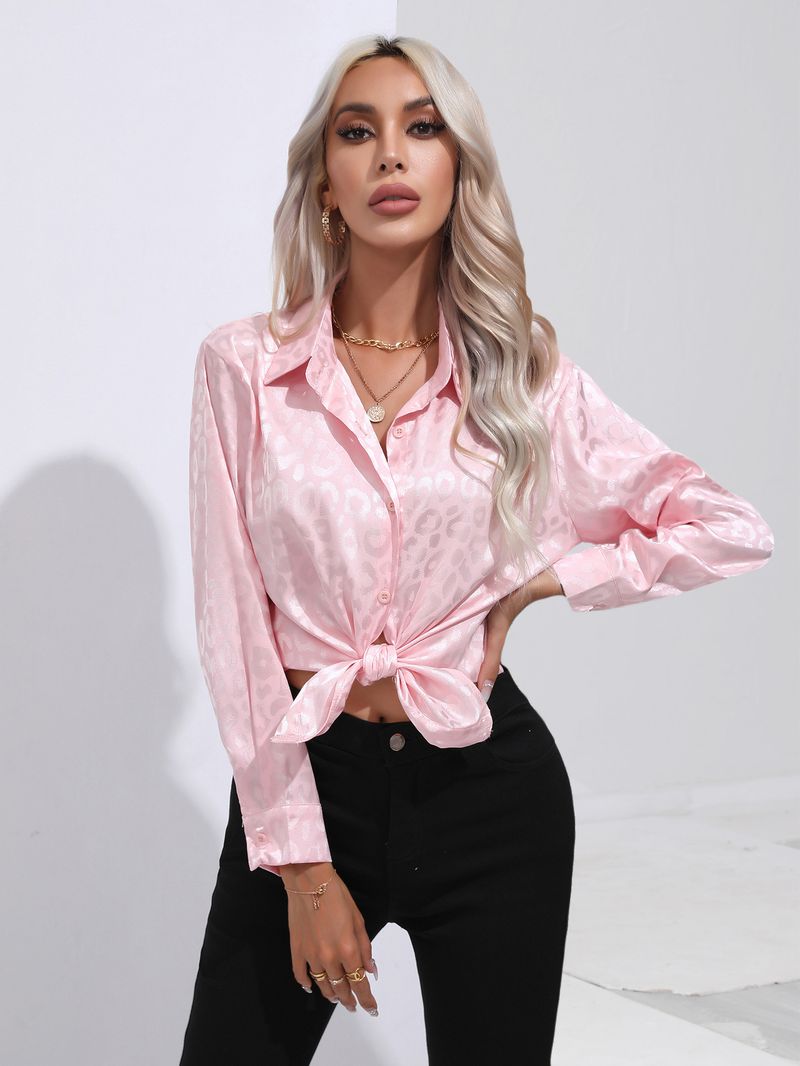 Camicia Ding a colori con stampa leopardata da donna. Camicia da donna a maniche lunghe in raso di seta imitazione_voghion.com