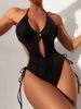 Abbigliamento da donna, tinta unita, senza schienale, con scollo all'americana, bikini intero, allacciato, sottile, da spiaggia, costume da bagno sexy_voghion.com