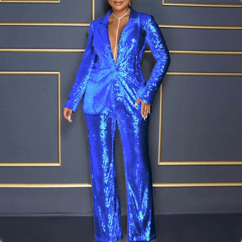 Damenbekleidung Sommer-Overall Neu Damen Langarm V-Ausschnitt Pailletten-Overall Zweiteiliges Set_voghion.com