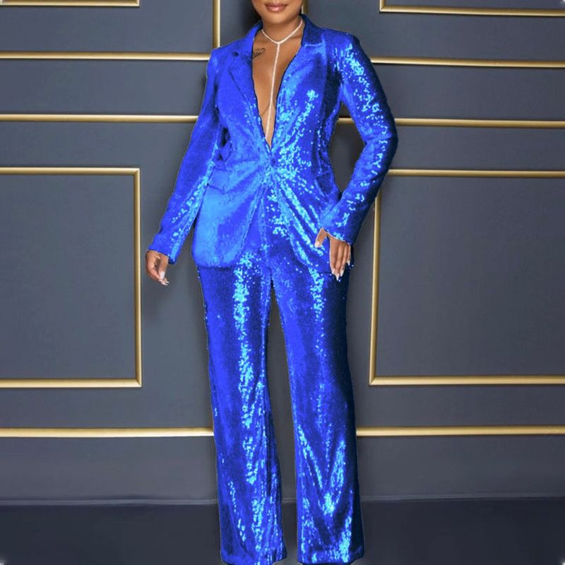 Damenbekleidung Langärmliger V-Ausschnitt Pailletten-Jumpsuit Zweiteiliges Set_voghion.com
