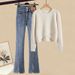Completo da donna autunno inverno con maglione lavorato a maglia e jeans a zampa - Vestibilità slim, comodo ed elegante (diverse opzioni di colore)_voghion.com