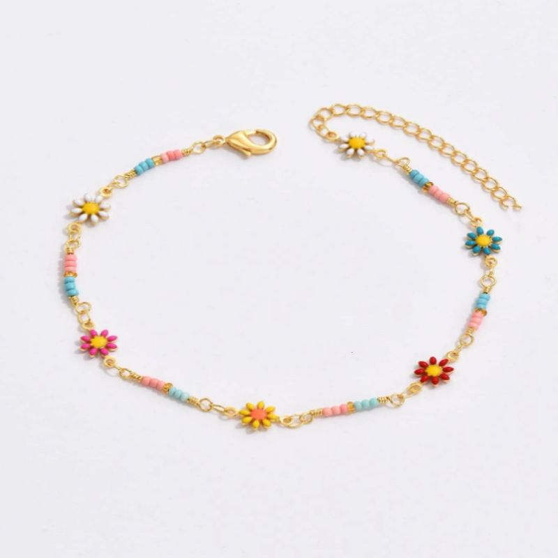 New Foot Jewelry Fashion Simple Colorful Daisy Bohemian Style Beach Flower Anklet_voghion.com