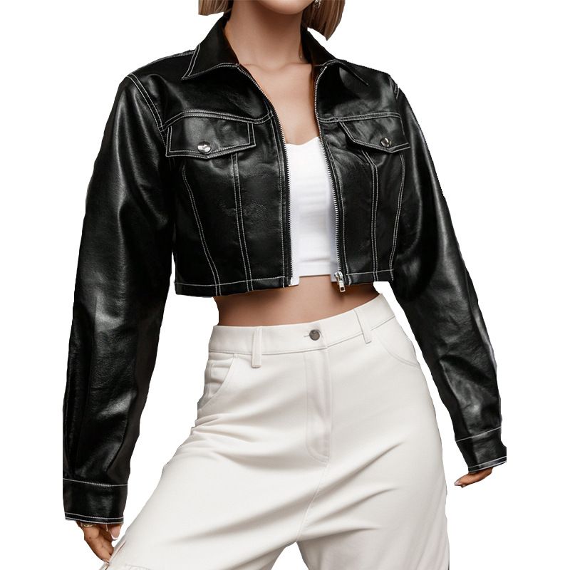 Women's Clothing Spring and autumn fashion women's long sleeved lapel women's zipper sewing white line ladies short PU leather jacket leather coat_voghion.com