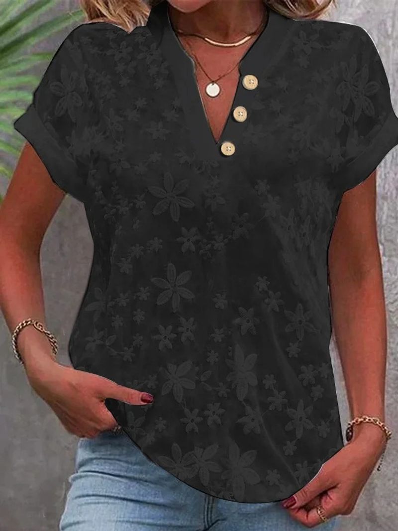 Women's hot summer selling simple casual solid color V-neck short-sleeved shirt for women_voghion.com