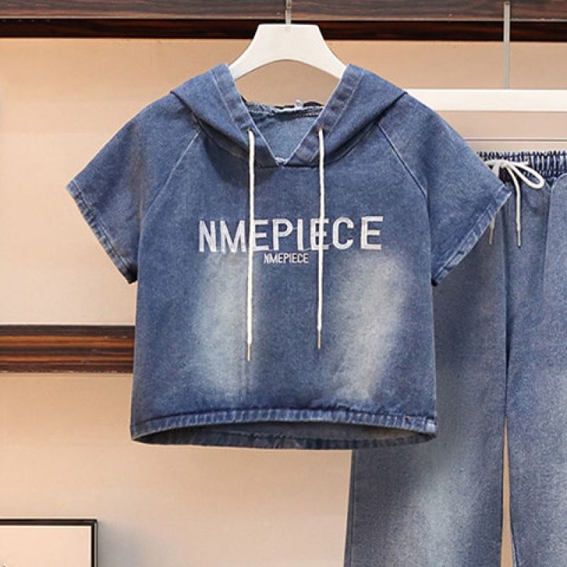 Summer Fashion Denim Two Piece Suit Elastic Trousers Hooded Jacket Women Wide Leg Stylish Loose Slim Two Piece Set_voghion.com