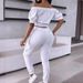 Women's Clothing Solid Color One Shoulder Raglan Short Sleeved Patch Pocket Top Casual Cuffed Trousers Set_voghion.com