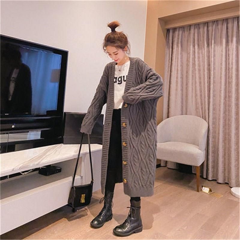 Manteau long en maille torsadée pour femme, vêtement d'extérieur d'automne et d'hiver, style coréen polyvalent, coupe décontractée, coupe ample et épaisse._voghion.com