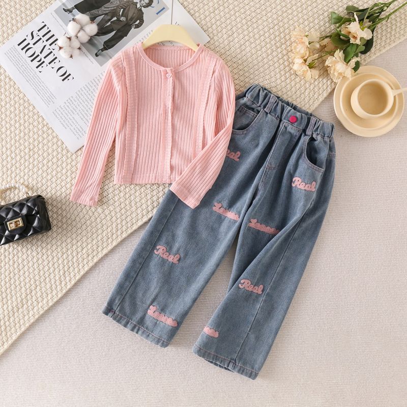 Kids Clothing Girls Suit Autumn New Girls Long Sleeved Round Neck Waist Top Jeans Two Piece Suit_voghion.com