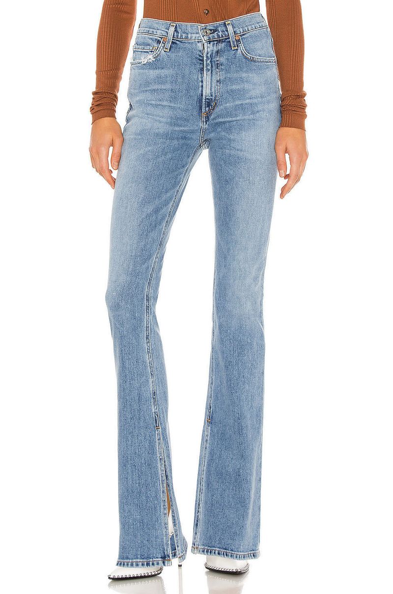 Women’s Clothing autumn COH high waist floor length pants with inner slits and flared denim trousers for women_voghion.com