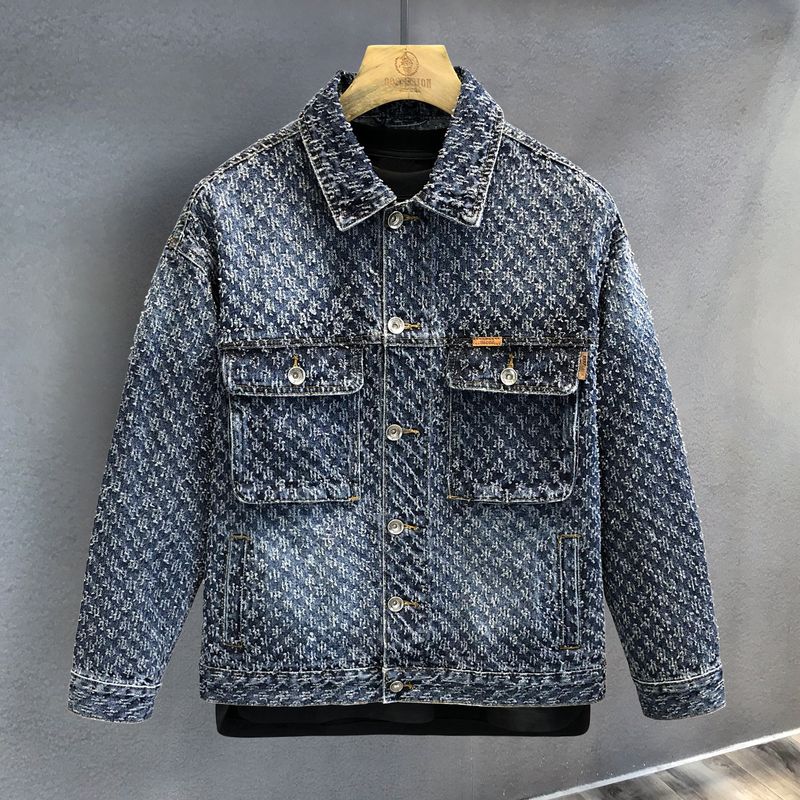 Giacca in denim da uomo alla moda con motivo a zampa di gatto, stile casual, stile retrò, vestibilità ampia, per ragazzi_voghion.com