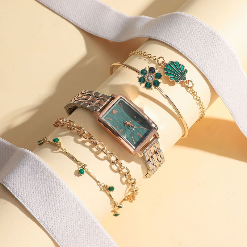 Women's fashion ins square gold steel band scale quartz watch green small flower bracelet jewelry set_voghion.com