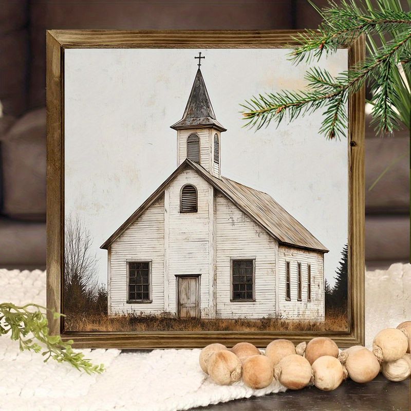 „Plăcuță înrămată din lemn cu biserică rustică, 8x8” - Artă murală rustică pentru sufragerie și birou - Decor și cadou perfect pentru casă de sărbători_voghion.com