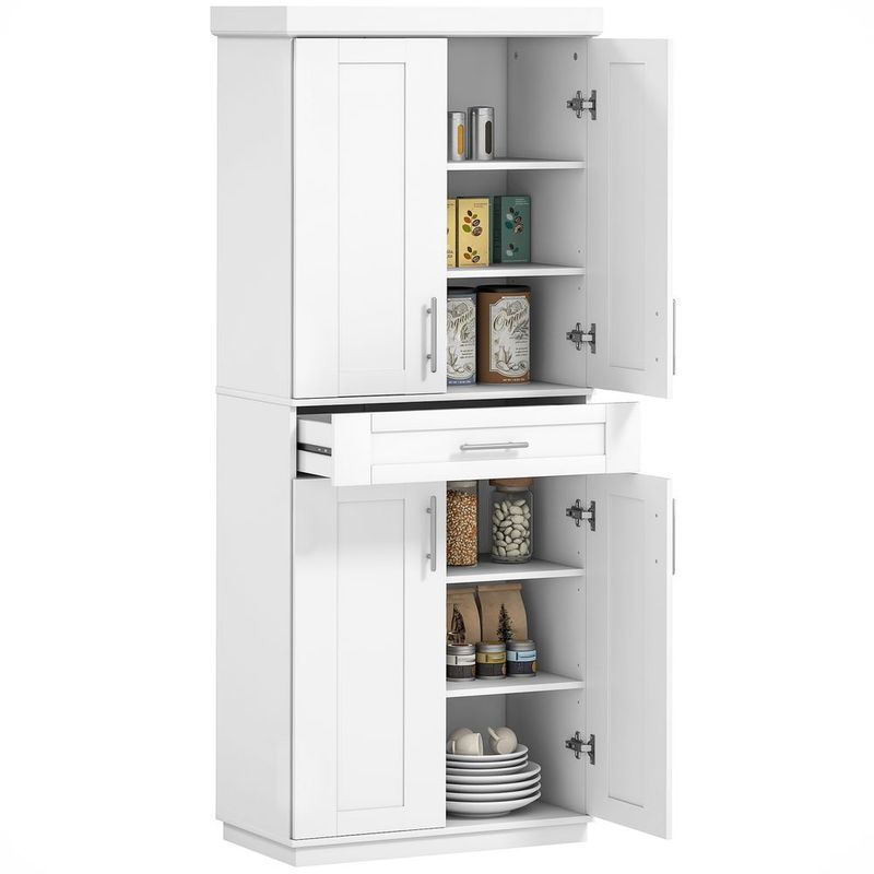 HOMCOM Modern Kitchen Pantry Cabinet Storage With With 4 Doors, Drawer And 3 Adjustable Shelves For Dining Room, White|_voghion.com
