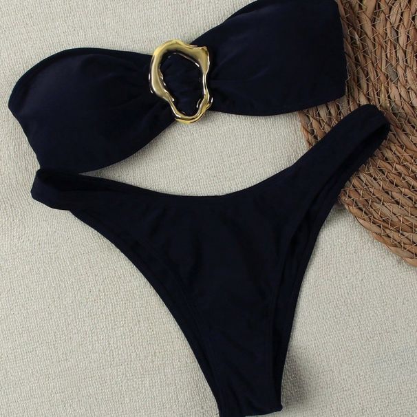 Ženska oblačila, razcepljeni zgornji del bikinija z izrezom, kovinski dodatki, kopalke, enobarvne_voghion.com