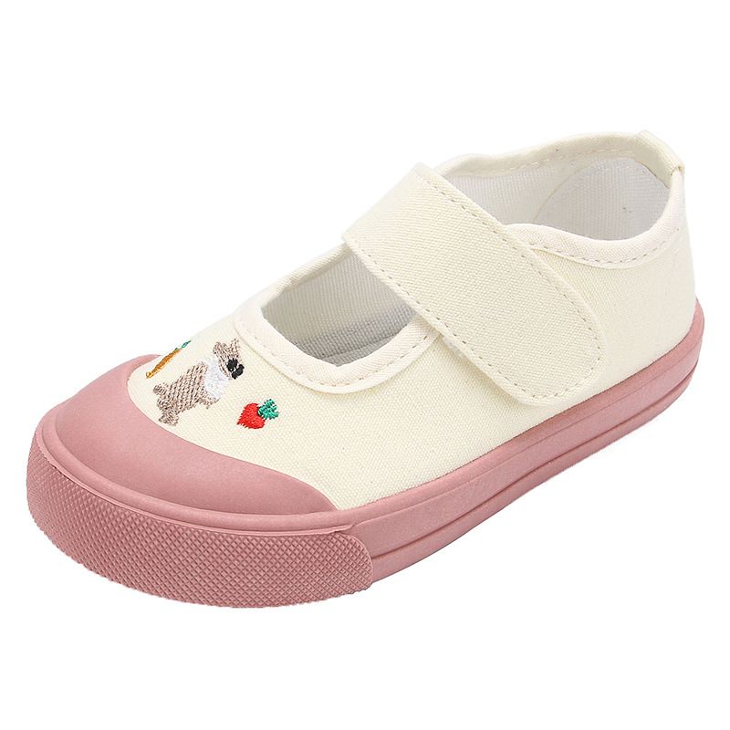 Girls' Casual Canvas Sneakers – Lightweight Low-Top Slip-On With Hook & Loop Strap (Beige, Cartoon Print, Soft Rubber Sole)_voghion.com