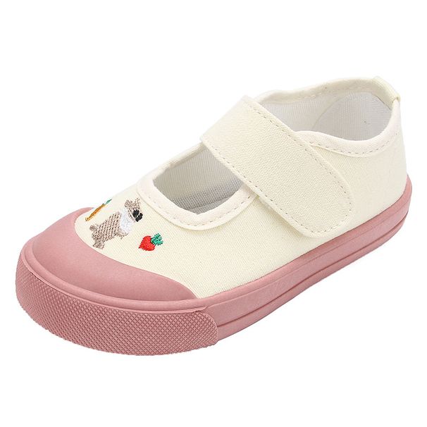 Girls' Casual Canvas Sneakers – Lightweight Low-Top Slip-On With Hook & Loop Strap (Beige, Cartoon Print, Soft Rubber Sole)_voghion.com