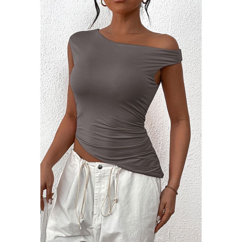Damenbekleidung Street Style Street Trend Polyester Pullover Schrägkragen Slim Fit Damen T-Shirt_voghion.com