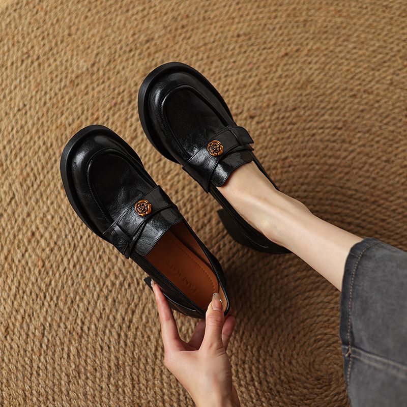 Slip-On High Heels Single Genuine 2024 New Soft Sole Loafers British Style Small Leather Shoes Women's Model_voghion.com