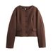 Balloon-Sleeve Jacket & Mini Skirt Set – Oversized Cropped Coat With Button-Detail Skirt (XS-L, Dark Brown)_voghion.com