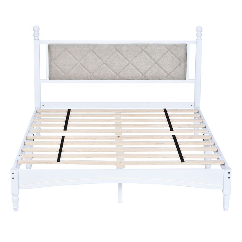 Queen Wood Bed Frame With Fabric Upholstered Headboard, Solid Rubber Wood Foundation With Wood Central Supports, 1000 Lb Capacity, Easy Assembly, No Box Spring Needed, White_voghion.com