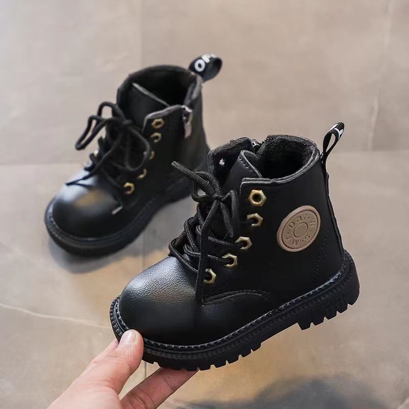 Martin Autumn Winter New Boys' Leather Anti Slip Girls' Plush Warm Medium And Small Children's Cotton Shoes Short Boots_voghion.com