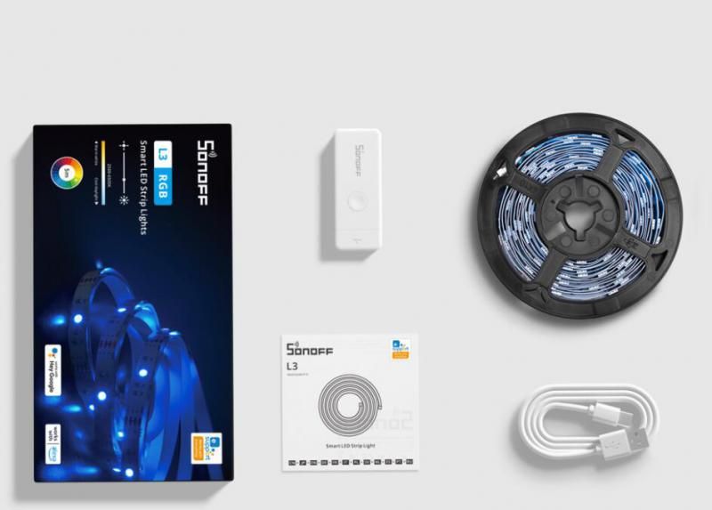 Bande lumineuse LED Wifi RGBIC SONOFF L3 Pro 5M 16,4 pieds Télécommande sans fil Contrôle vocal/local Adaptateur Type C DC5V Maison intelligente_voghion.com