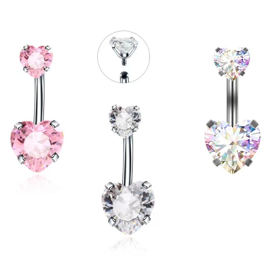 Piercing per ombelico a forma di cuore con diamante a doppia testa, dente interno, filo interno, cuore di pesca, gioiello in acciaio inossidabile, zircone naturale, marea_voghion.com
