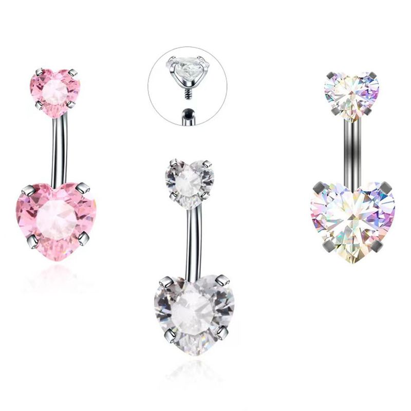 Double headed love heart diamond navel nail inner tooth inner thread peach heart body piercing jewelry stainless steel zircon natural tide_voghion.com